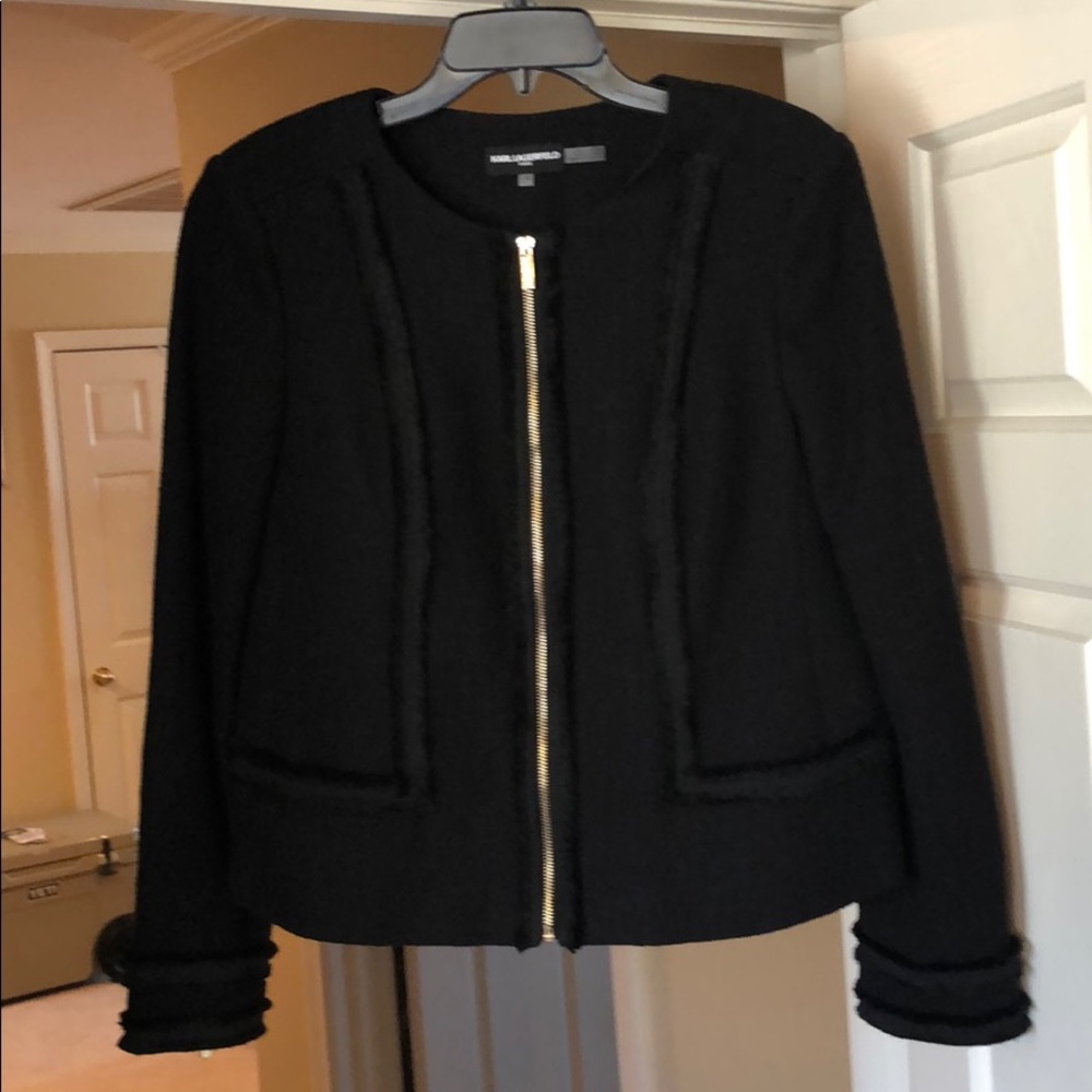 Karl Lagerfeld black, fringe trimmed, short jacket